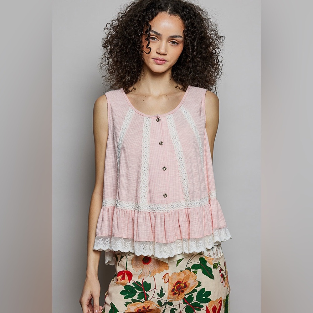 POL Pink Lace-Trim Ruffled Sleeveless Top